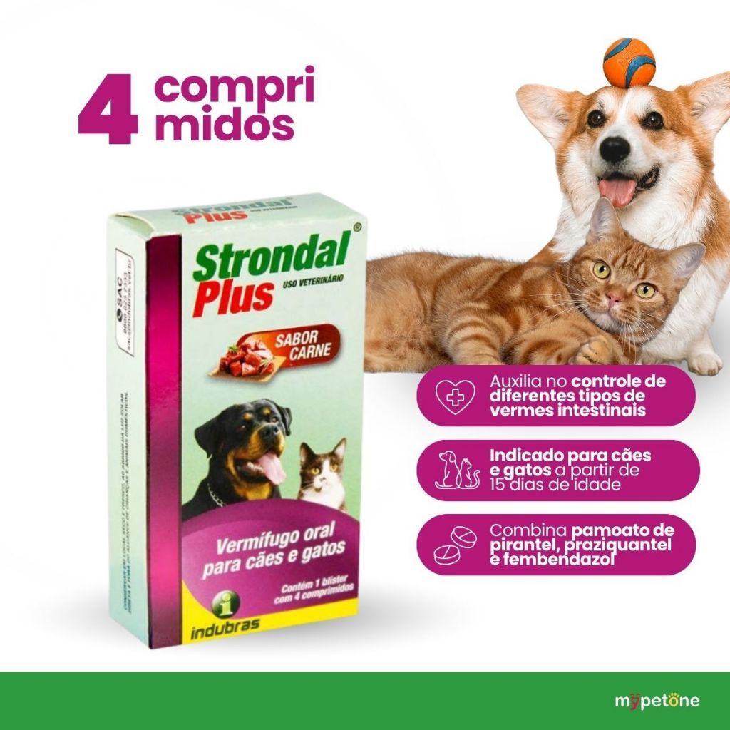 Strondal Plus Vermífugo Oral Cães e Gatos Indubras 4 comp