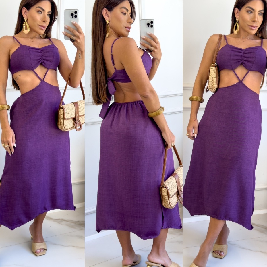 Vestido Midi Assimétrico Duna Linho Premium Feminino Alças Reguláveis amarração nas costas, Elegante e Confortável