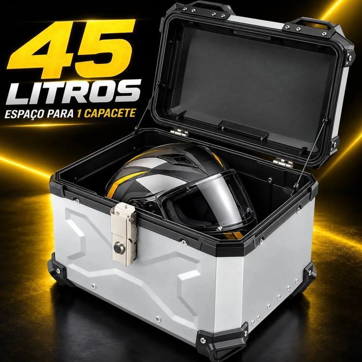 Bau Bauleto 45 Litros Prata ACM Aluminio Bagageiro Suporte Universal Xtreme Com Encosto Passageiro — imagem 2 de 2