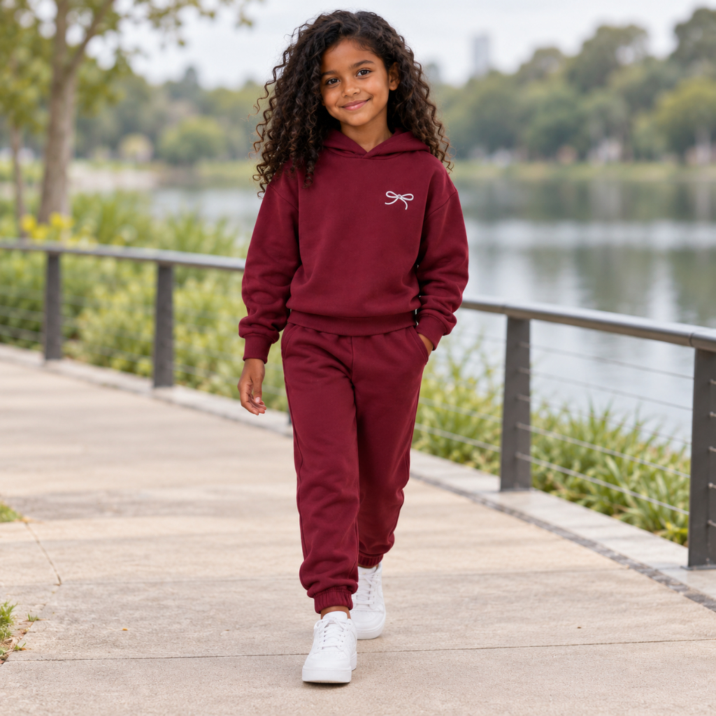 Conjunto Moletom Infantil Feminino Laço Estampado Blusa com Capuz e Calça Jogger de Frio de Inverno Delicado Minimalista