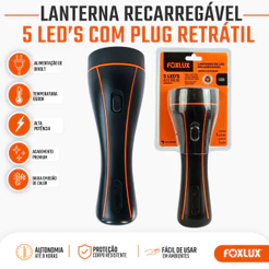 Lanterna LED Recarregável Foxlux 5 LED Bivolt Plug Retrátil