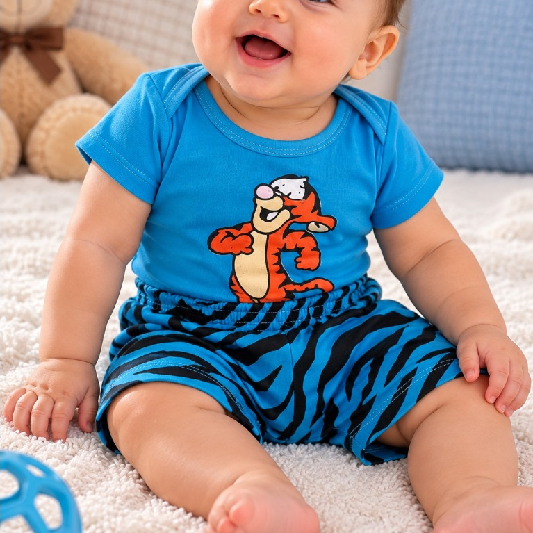 Conjunto Infantil Bebê Menino Azul – Camiseta Estampada + Short Listrado