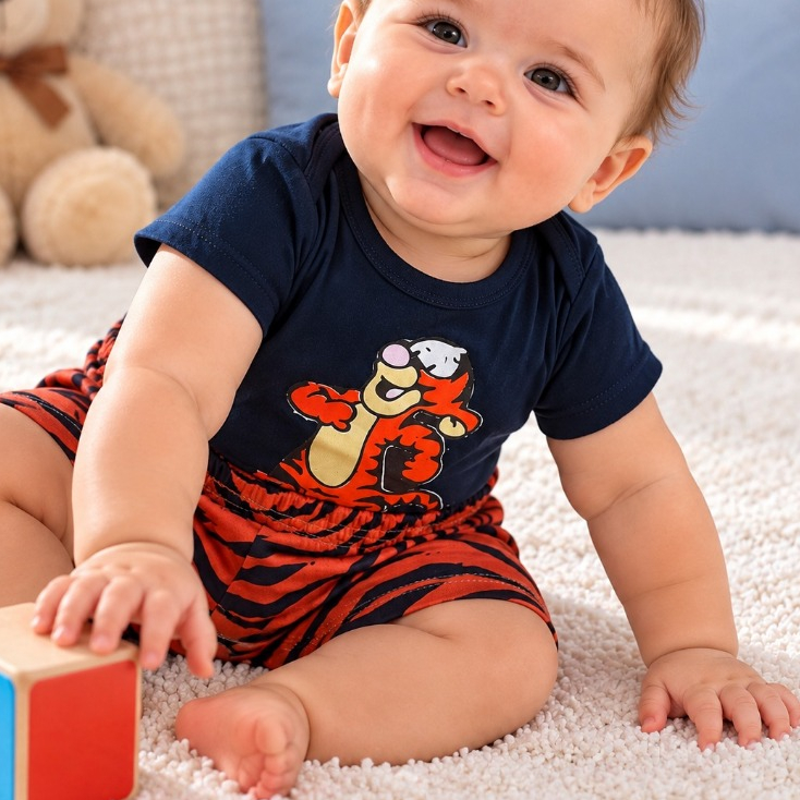 Conjunto Infantil Bebê Menino Camiseta Azul Marinho + Short Listrado Laranja Fantasia