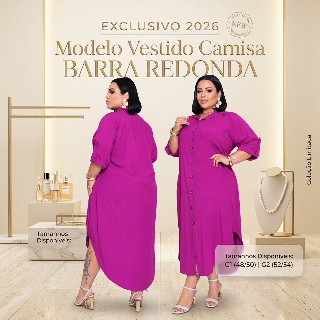 💕Vestido Chemise Com Botão Plus Size Barra Redonda/CAMISÃO Liso Visco Linho -Envio imediato💕