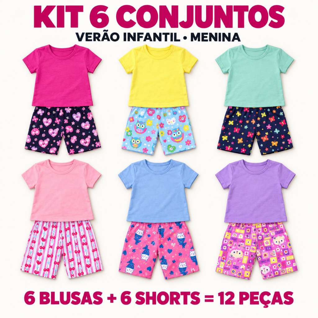 Kit 6 Conjuntos Infantil Feminino Verão Baby Look Cotton + Bermuda Ciclista Estampada