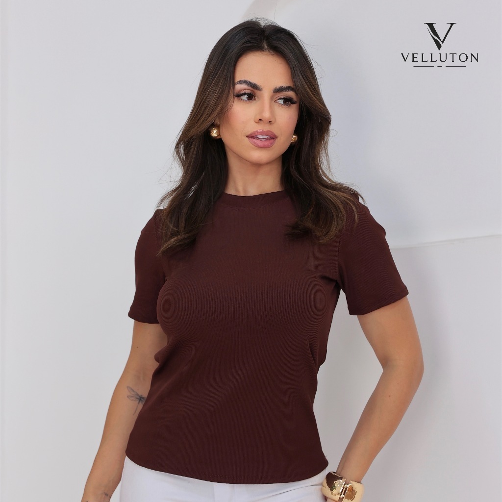 Blusa Feminina Ribana Canelada Premium Manga Curta Gola Redonda Básica Casual