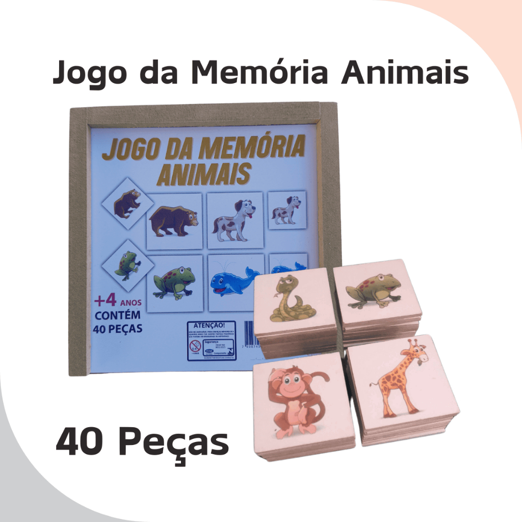 Jogo da Memória Animais 40 Peças Madeira Brinquedo Infantil Educativo Pedagógico Crianças Menino Menina Idoso