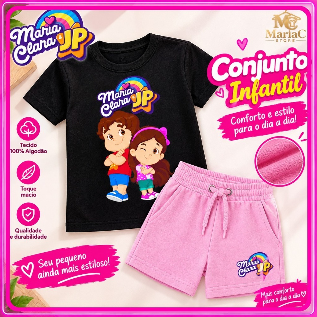 KIT FEMININO CAMISA + SHORT TURMA MARIA CLARA JP BLUSA YOUTUBER CAMISETA 100% ALGODÃO, PARA PASSEIO PRESENTES