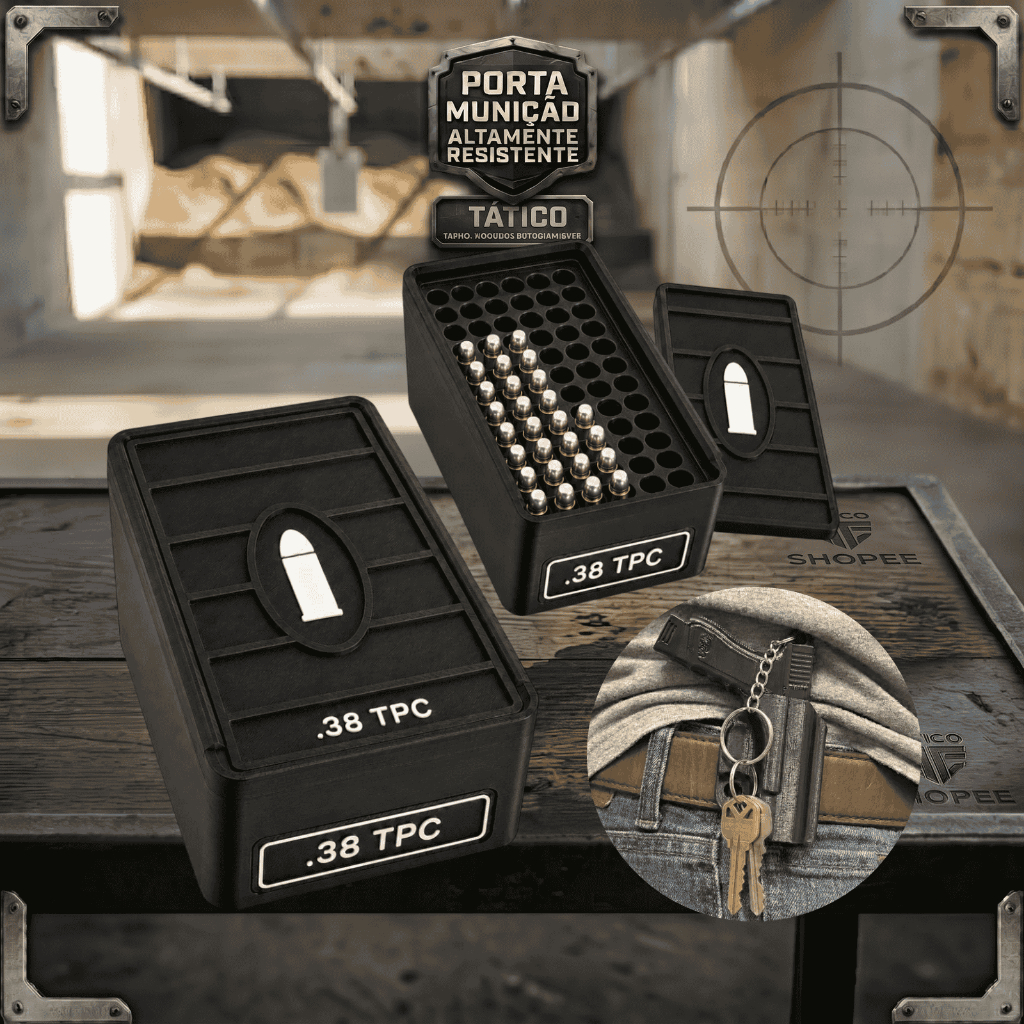 Estojo Porta Munição Organizador para Transporte de até 50 munições p/ calibres 38Spcl, 38TPC, 9mm, .380Acp, .40, .22LR