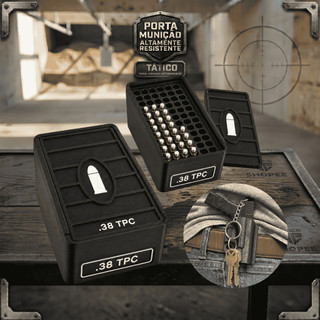 Estojo Porta Munição Organizador para Transporte de até 50 munições p/ calibres 38Spcl, 38TPC, 9mm, .380Acp, .40, .22LR