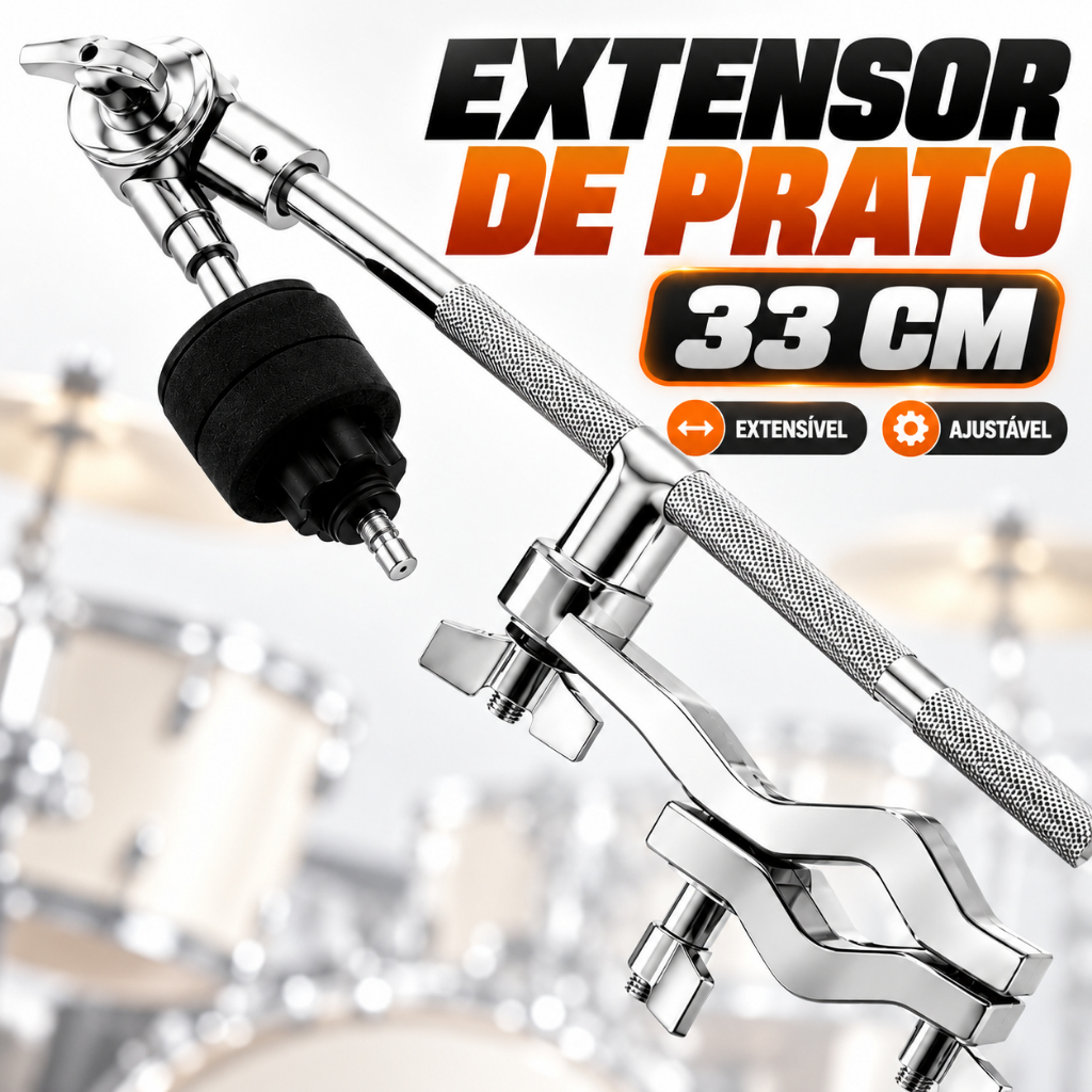 Extensor Prato Bateria 33cm Haste Reta Braço Extensível Kit Acessórios Montagem