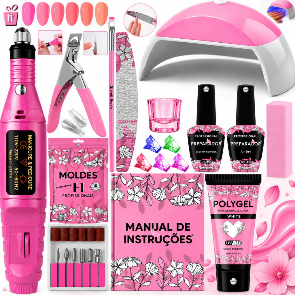 Kit Polygel Cabine Mini G 48W LED UV Unhas Poligel Lixadeira Elétrica Caneta 20.000RPM Manicure Profissional Completo