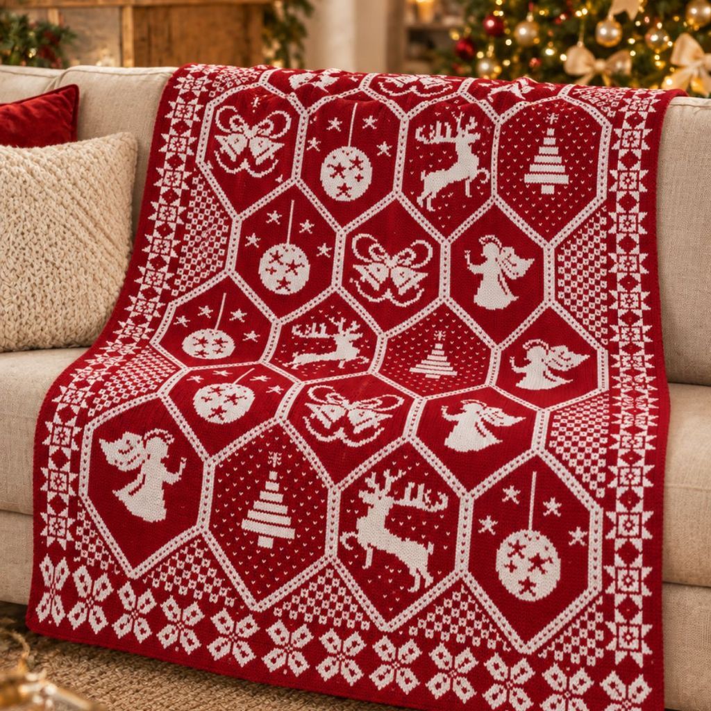 Manta Sofá Natal Vermelha Decorativa Enfeite Natalina Tricô Poltrona Desenho