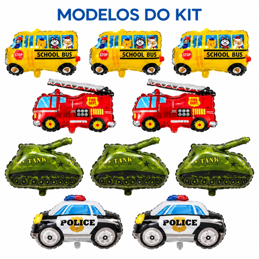 Kit c/10 Balões Metalizados Carros Ônibus Escolar Bombeiro Caminhão 35CM Festa Aniversário Decoração
