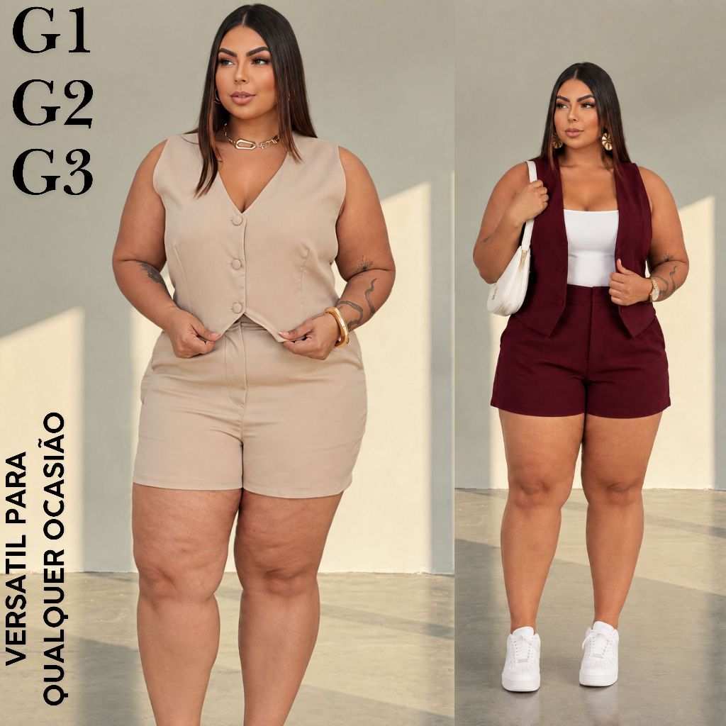 Conjunto Feminino Colete e Short Alfaiataria Premium Moda verão Casual Social Gola V Cintura Alta de Botões Plus Size