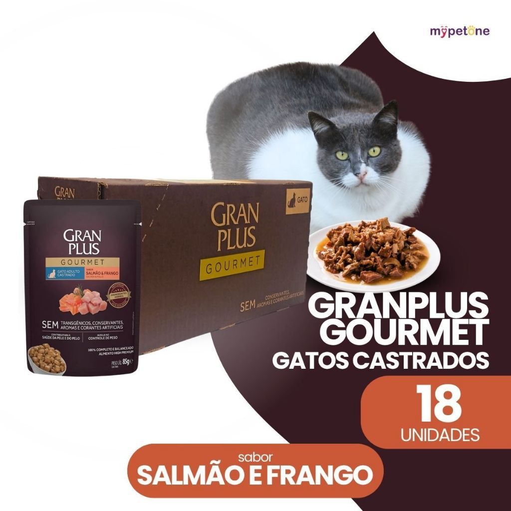 Ração Úmida Sachê GranPlus Gourmet Sabor Salmão E Frango Gatos Castrados Caixa 18, 36, 54 Ou 72 Unidades