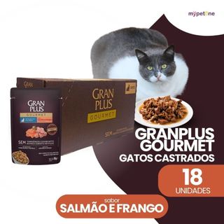 Ração Úmida Sachê GranPlus Gourmet Sabor Salmão E Frango Gatos Castrados Caixa 18, 36, 54…