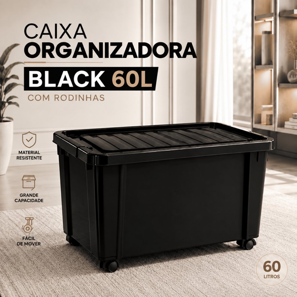 Caixa Organizadora Container Black e Fumê Trava 60 Litros Cesto Organizador Grande