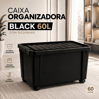 Caixa Organizadora Container Black e Fumê Trava 60 Litros Cesto Organizador Grande