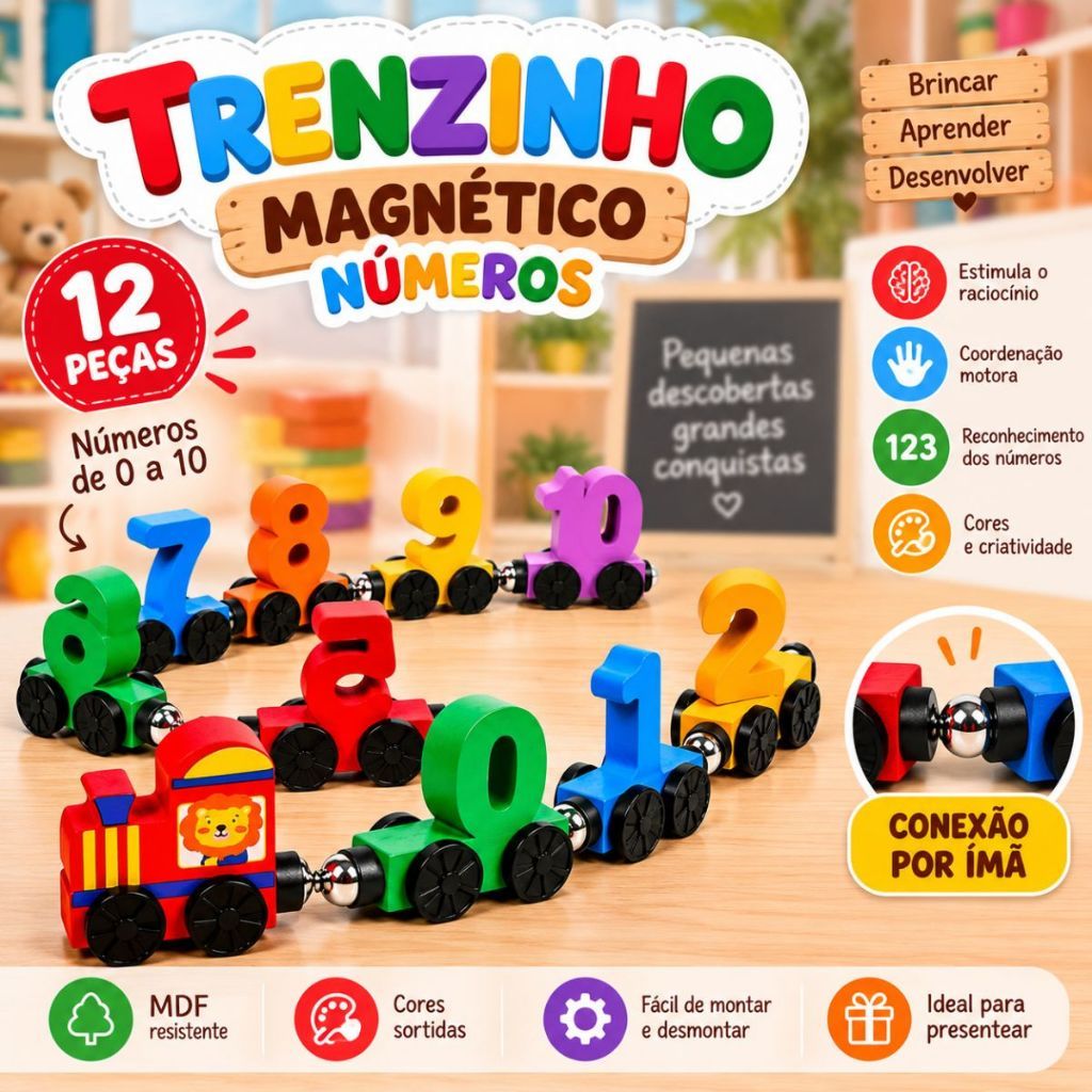 Trem Magnético de Madeira com Números 0-10 - Brinquedo Educativo Montessori para Aprender Contar, Cores e Matemática
