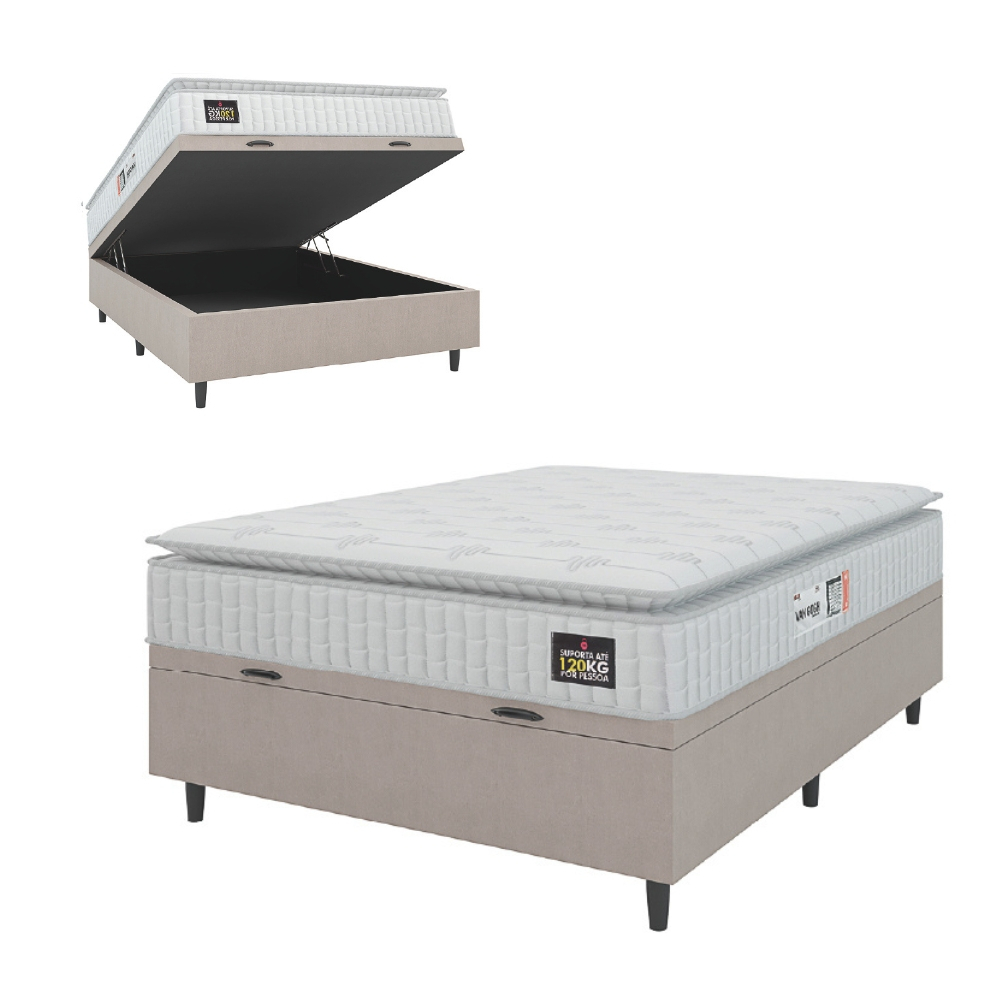 Cama Box Baú Colchão Casal Espuma D33 Vangogh Pillow Top 138x188x70cm Branco / Bege Hellen
