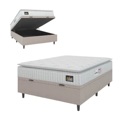 Cama Box Baú Colchão Casal Espuma D33 Vangogh Pillow Top 138x188x70cm Branco / Bege Hellen