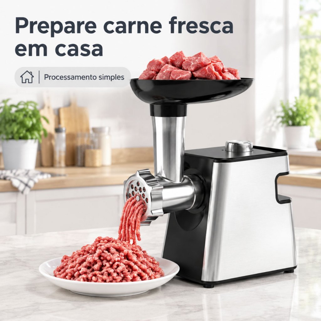 Moedor de Carne Elétrico 1500W Aço Inox 110/220V com Funil para Linguiça e 3 Discos de Corte-CASA BEAUTY