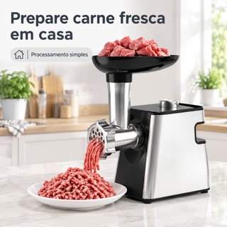 Moedor de Carne Elétrico 1500W Aço Inox 110/220V com Funil para Linguiça e 3 Discos de Corte-CASA BEAUTY