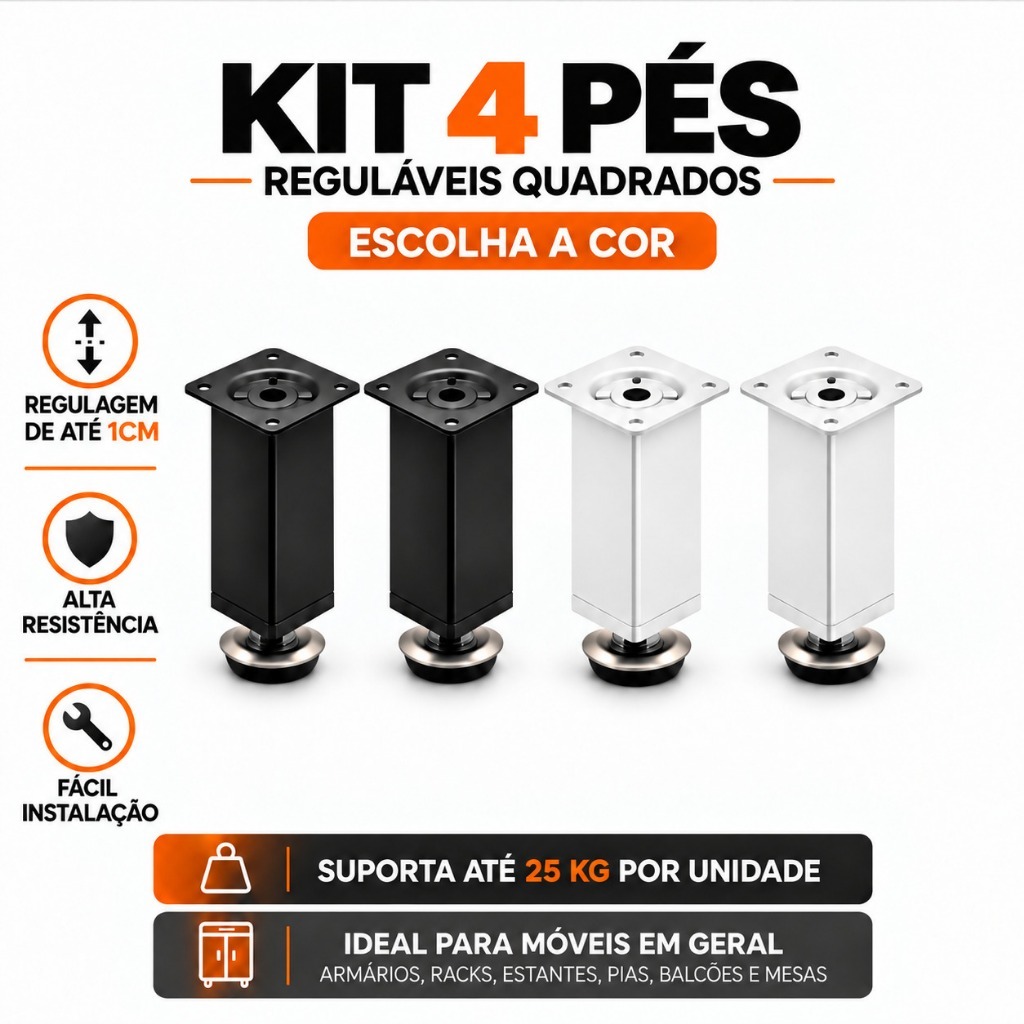 Kit 4 Pés Para Móveis Quadrado Regulável De Altura 1cm Branco/Preto Sofá Armário Tamanhos De 8cm Até 20cm de Altura