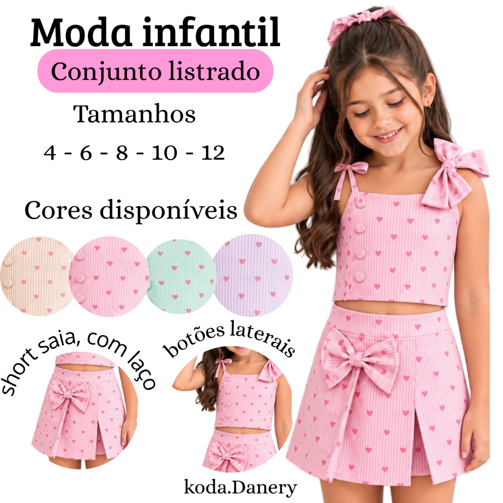 Conjunto roupa Infantil Feminina Menina Verão Cropped Saia Laço Corações Listrado 4 ao 12