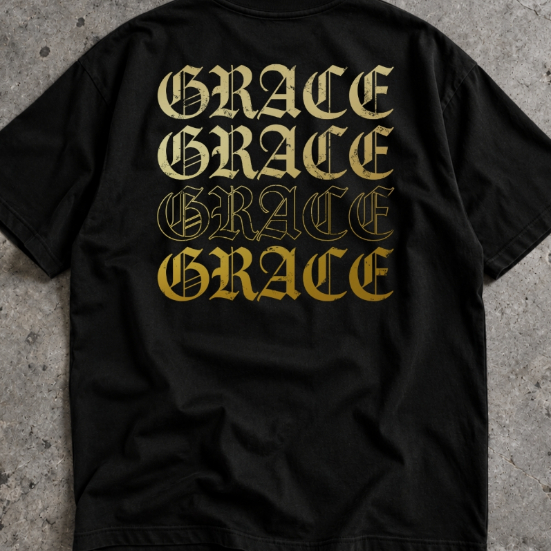Camisa Masculina Oversized Streetwear Graça Estampa Dourada nas Costas Algodão Camiseta Gospel Religiosa