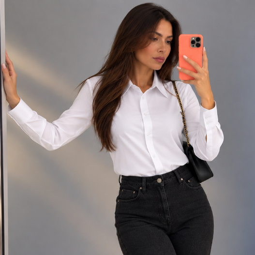 Camisa feminina colarinho manga longa tecido leve Poliester  - Maxma 2019