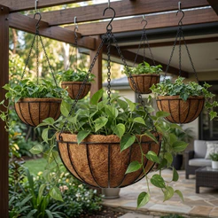 5 Vasos Fibra de Coco 35cm 10L Suspenso com Corrente e Gancho para Pendurar Plantas
