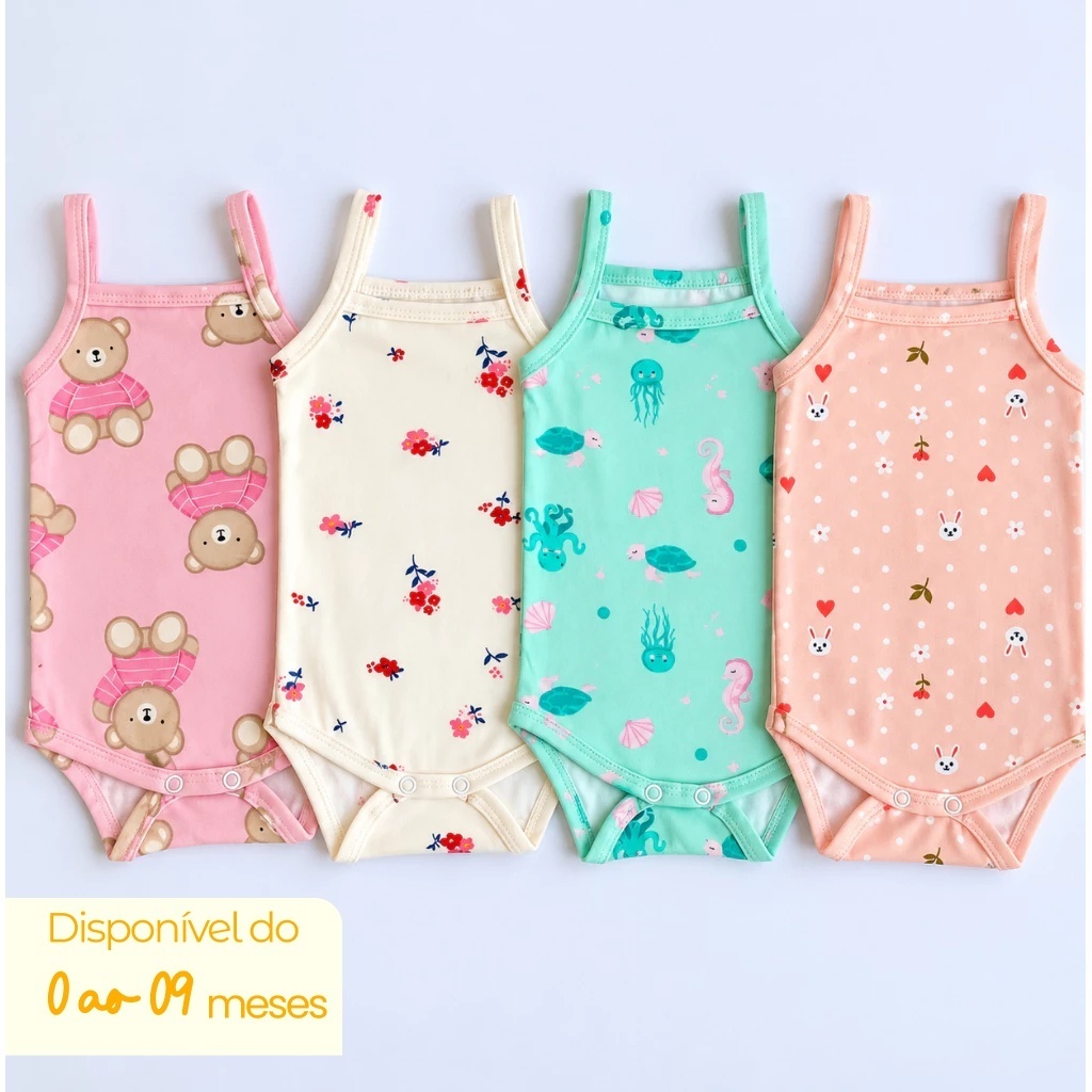Kit 4 Body Bebê Menina Alcinha Estampado 100% Algodão Tamanho 0 a 9 Meses Macio Estampas Sortidas
