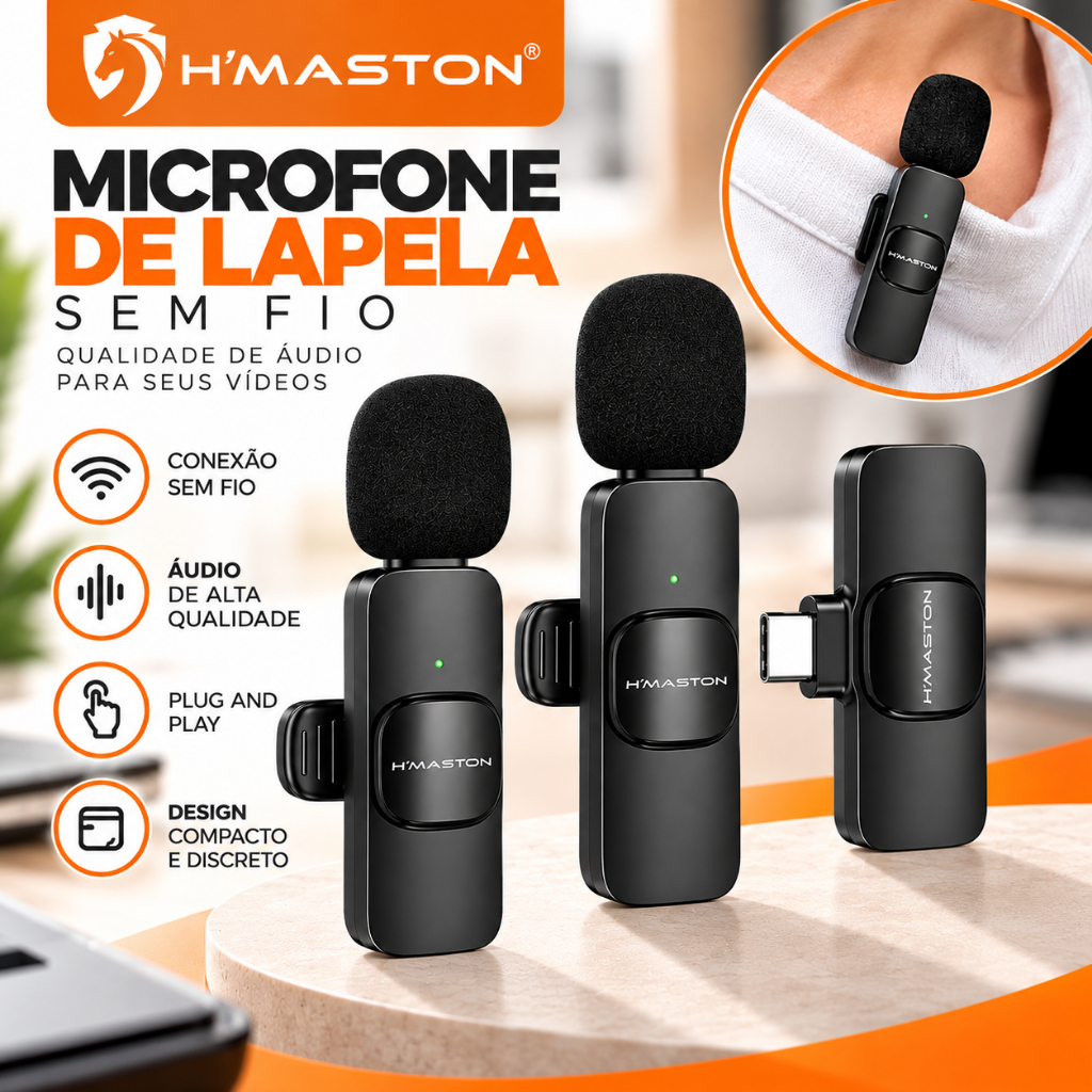 Microfone de Lapela Sem Fio H'Maston Wireless para iPhone Android Type-C Cancelamento de Ruído Vídeos Lives Gravação