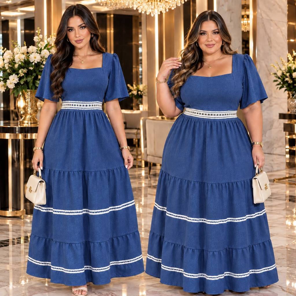 Vestido Feminino Longo com Renda 3 Marias Forrado Luxo Elegante Casual Evangelico
