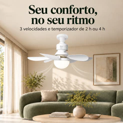 Luminária 80W 52CM Ventilador De Teto 6 Hélices Luz Ajustável Controle Remoto Silencioso E Econômico
