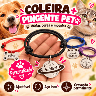 Placa de Identificação Pet Personalizado + Coleira para Cachorro Gato Plaquinha