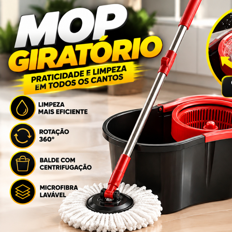 Mop Giratório Esfregão 360º com Balde Centrífuga 8 ou 13 Litros Limpeza Ágil Com Refil Extra - Rodo Mágico