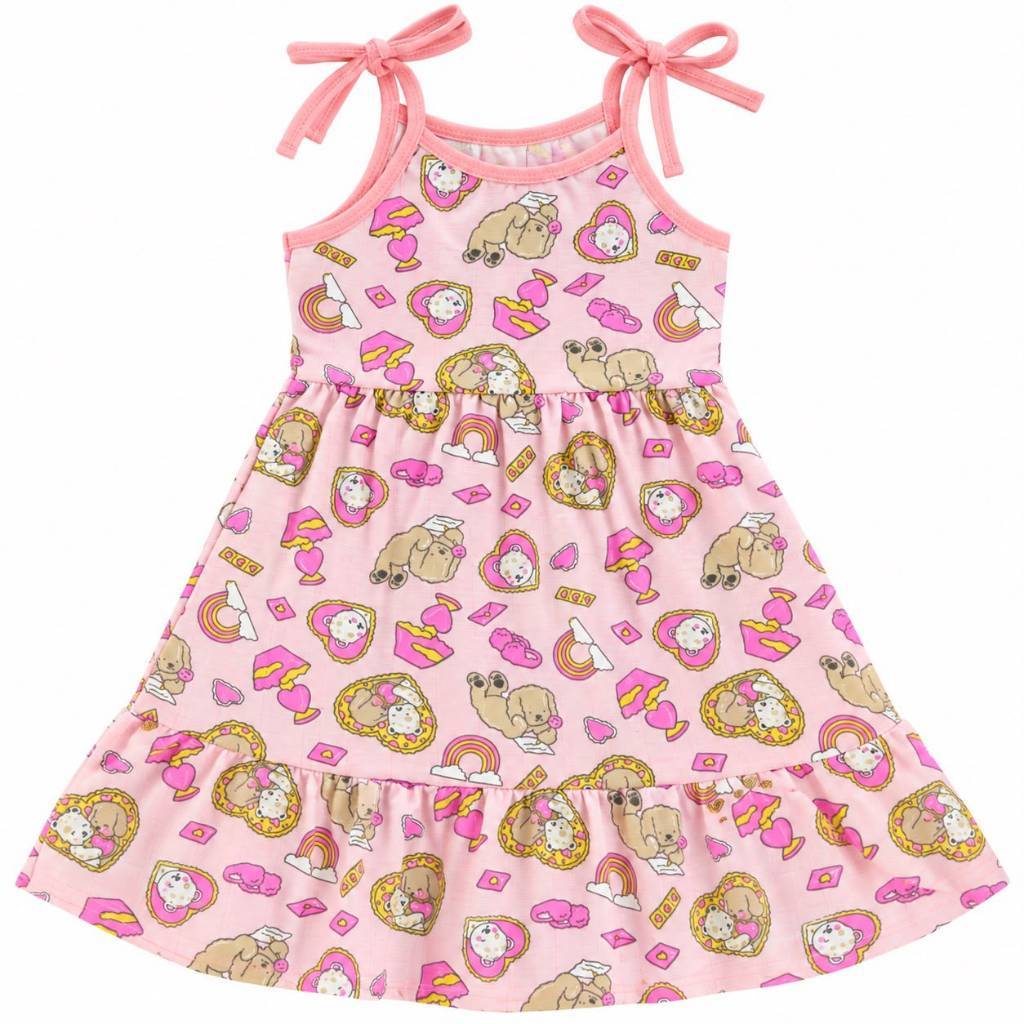 KIT 2 Vestido Infantil Menina Rosa Pink Estampado Rodado com Babado e Alcinha Verão — imagem 2 de 2
