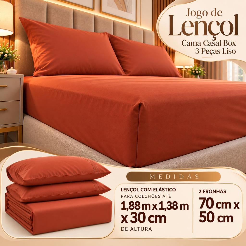 Jogo de Lençol Cama Casal Padrão Box 3 Peças Liso com Elástico em toda volta - 1,88m x 1,38m x 20cm
