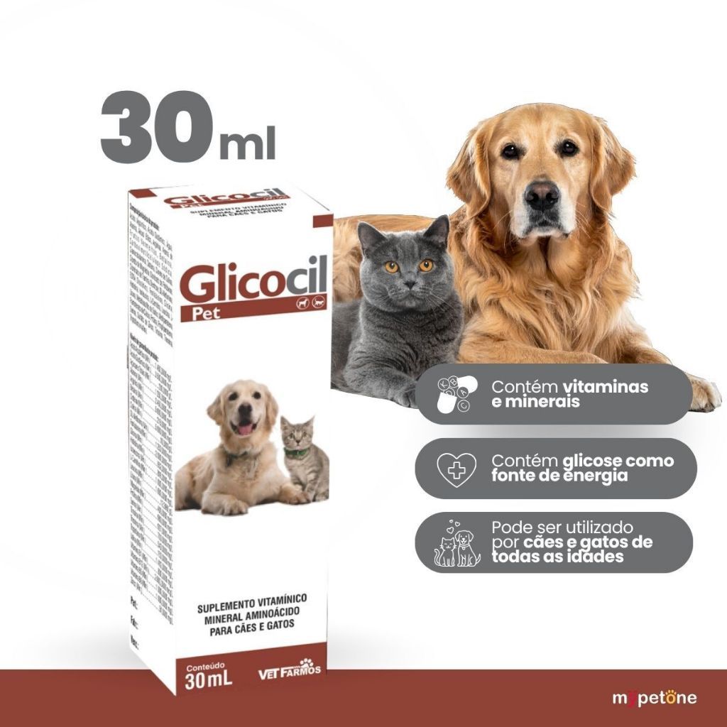 Glicocil Pet 30mL Suplemento Vitaminico Para Caes E Gatos Ideal P/ Fraqueza E Falta De Apetite Vet Farmos