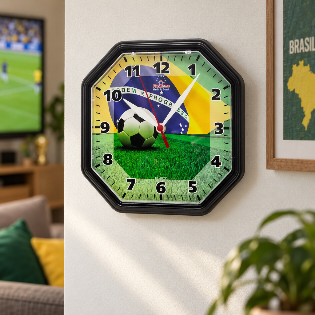 Relógio de Parede Oitavado Plashome Copa do Mundo 2026 Decorativo 24 cm Brasil Penta Hexa