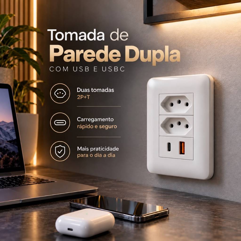 Tomada De Parede Dupla USB-C e USB Carregador Rápido 4 Em 1 Bivolt 110v 220v 10A Branco