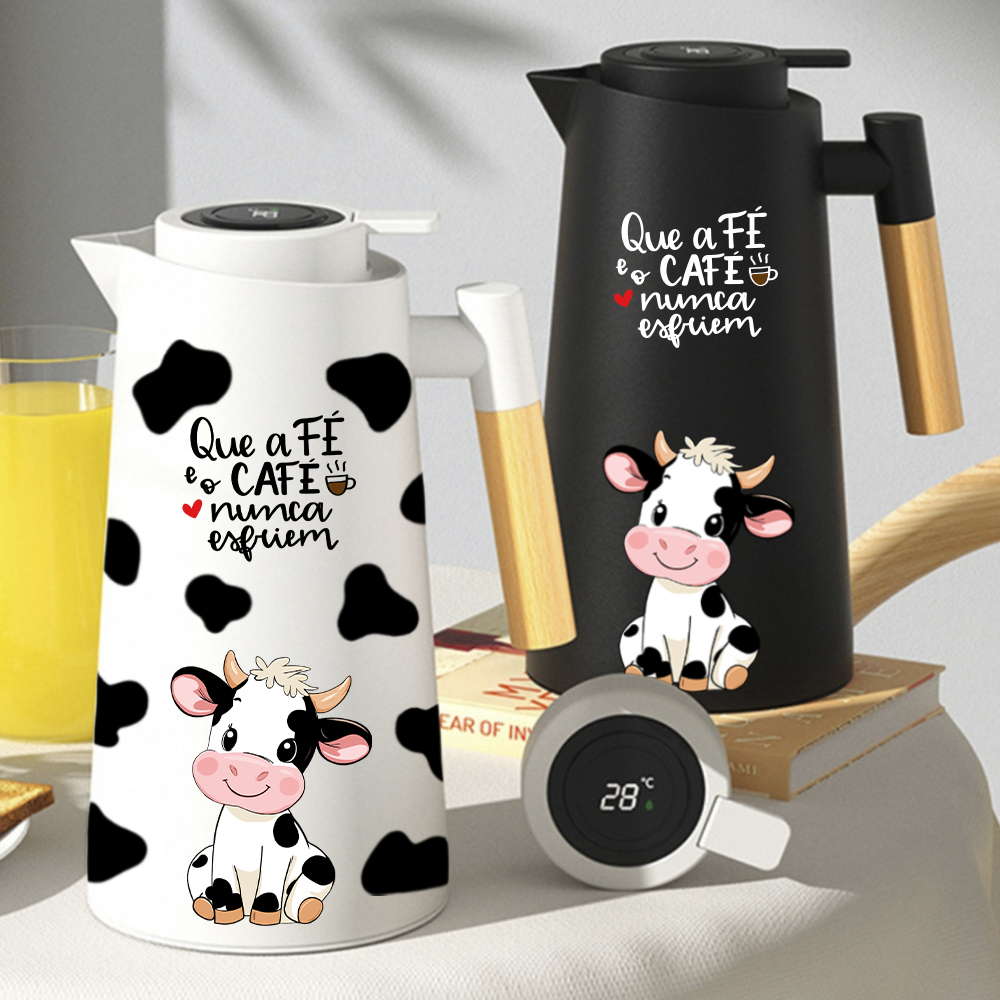 Garrafa Térmica Digital Personalizada - Vaquinha / Vaca / Cozinha - 1L Café/Chá - Cabo de madeira