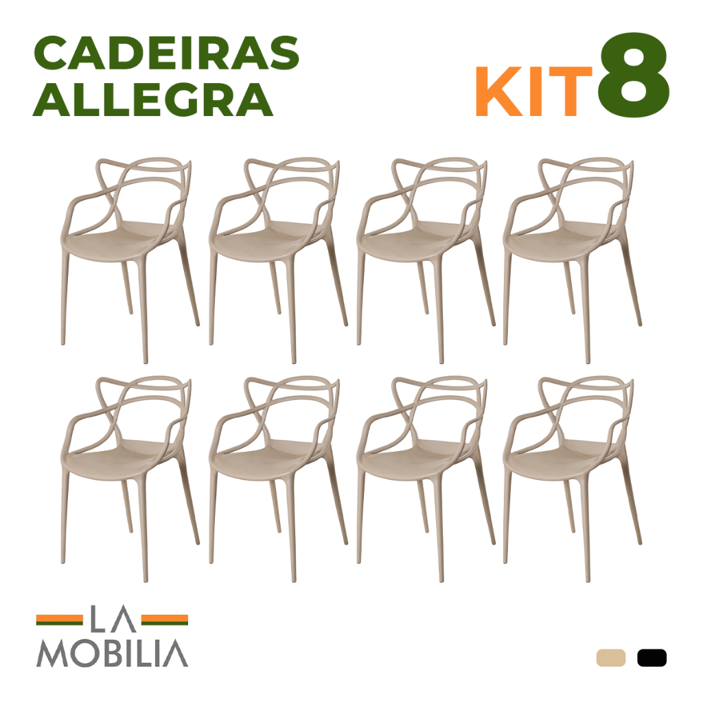 Kit 8 Cadeiras Allegra Polipropileno Sala de Jantar e Cozinha Empilhável