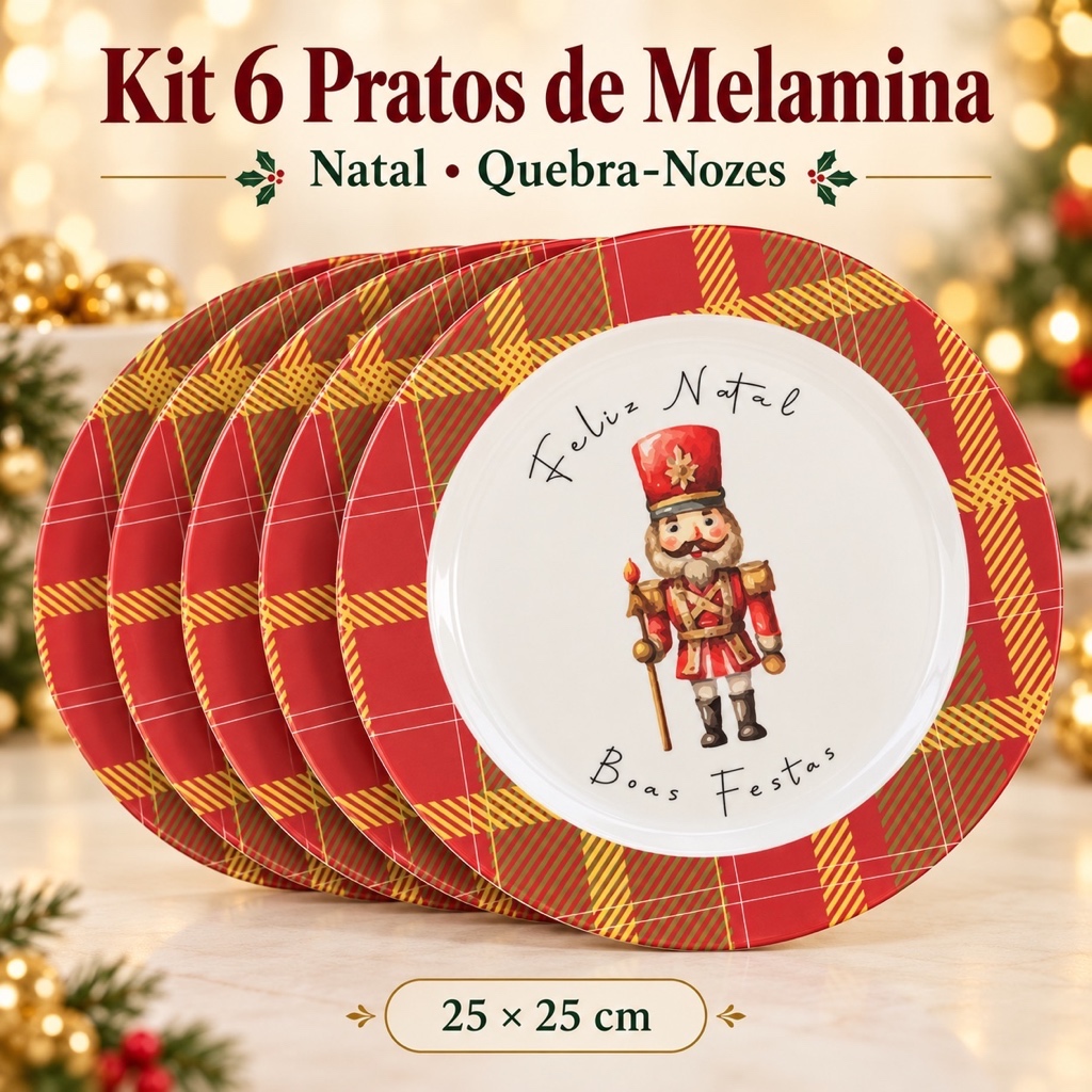 Kit 6 Pratos Rasos Melamina Quebra Nozes 25cm Ceia De Natal Natalino Feliz Natal Boas Festas