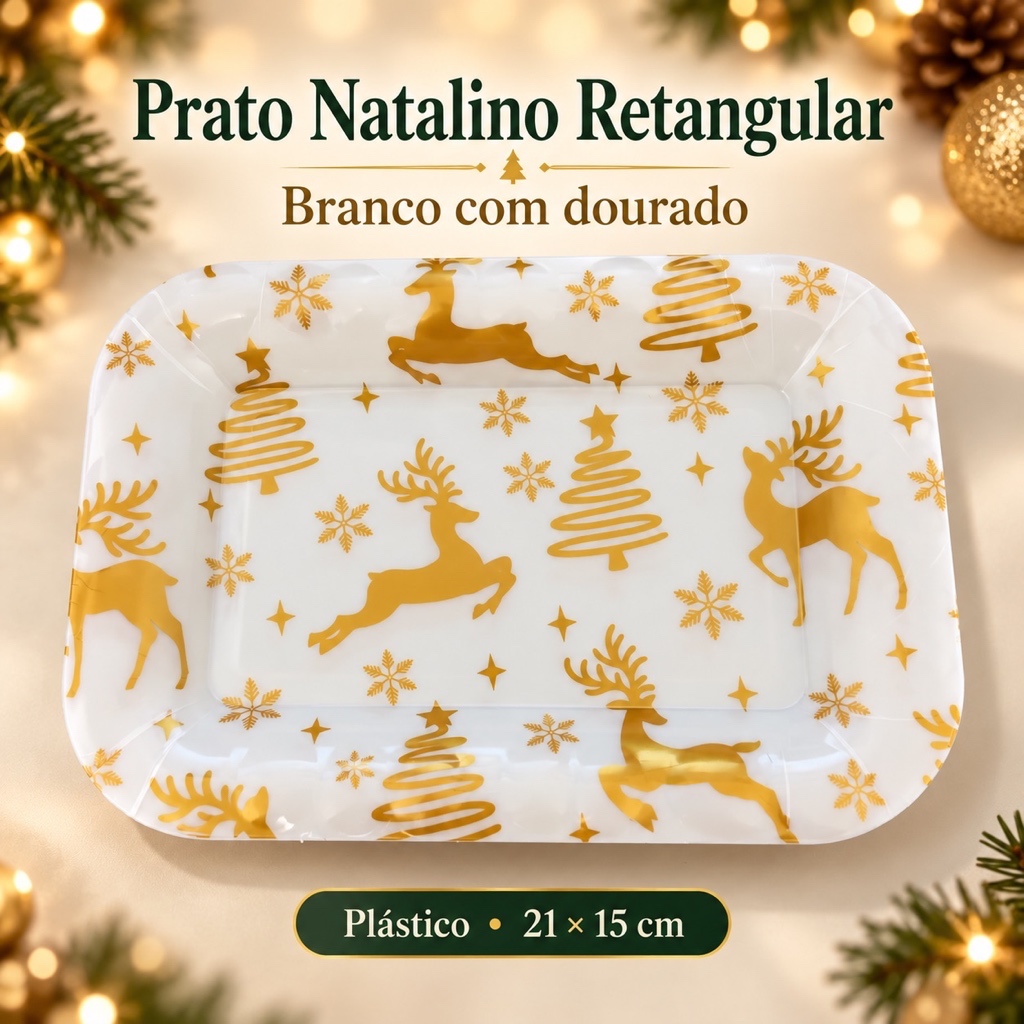 Kit 3 Prato Retangular Sobremesa Natalino Natal Mesa Posta 21x15cm Ceia