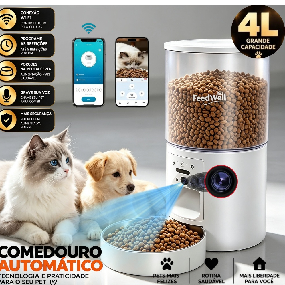Comedouro Automático Inteligente para Pets 4L (Câmera 4K) — Controlado por aplicativo e com recurso de gravação de voz
