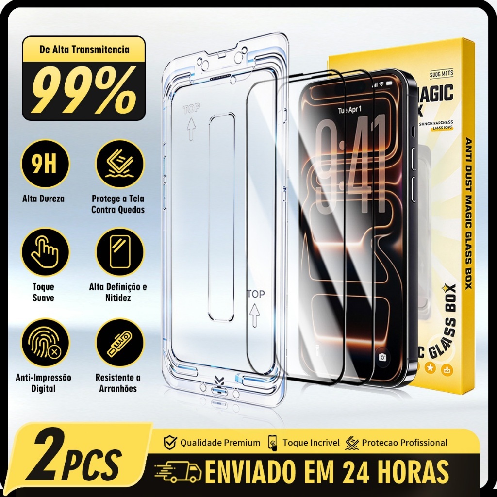 Kit 2 Películas de Vidro Temperado 9H iPhone 17 16 15 14 13 Pro Max HD Transparente Anti-Risco